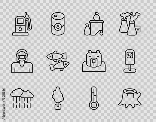 Set line Cloud with rain, Tree stump, Full dustbin, Petrol or gas station, Dead fish, Meteorology thermometer and Trash can icon. Vector