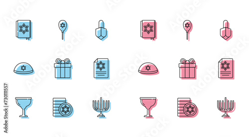Set line Jewish goblet, coin, torah book, Hanukkah menorah, Gift box, Torah scroll, kippah and Balloon with star of david icon. Vector
