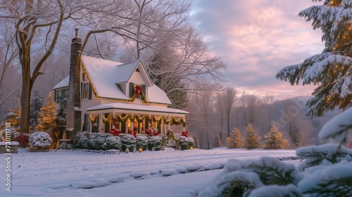 Against a snowy backdrop  a charming Christmas house stands adorned with festive decorations  capturing the essence of holiday cheer. 
