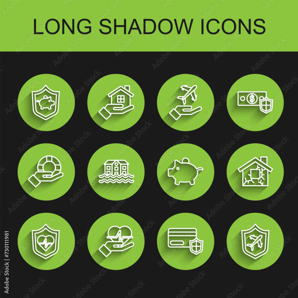 Set line Life insurance with shield, hand, Piggy bank, Credit card, Plane, House flood, and icon. Vector Set line Life insurance with shield, hand, Piggy bank, Credit card, Plane, House flood, and icon. Vector