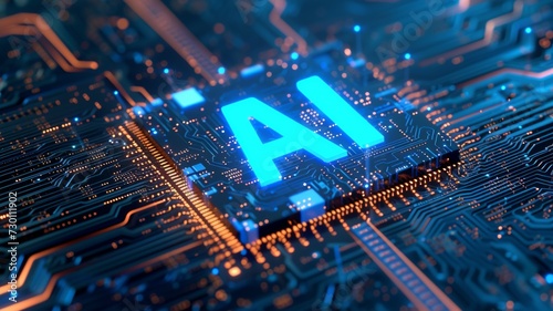 motherboard with ai written on it. Concept AI (Artificial Intelligence) technology, chip IC on PCB, PCB circuit board, microprocessor.