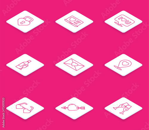 Set line Castle in the shape of heart, Dating app online, Speech bubble with I love you, Champagne bottle, Envelope Valentine, Location, Heart shaped glasses and Amour and arrow icon. Vector