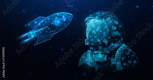 Astronaut in space galaxy with rocket close up. Futuristic polygonal cosmonaut helmet, space concept, wireframe cyber vector illustration. Starry abstract background with glowing human. 