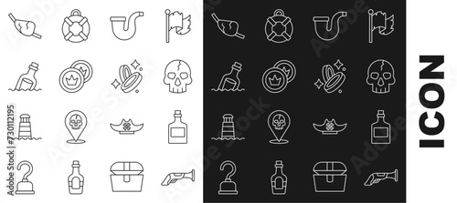 Set line Vintage pistol, Alcohol drink Rum, Skull, Smoking pipe, Pirate coin, Bottle with message water, eye patch and icon. Vector