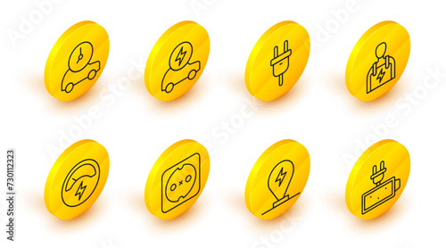 Set line Battery charge, Charging parking electric car, Electrical outlet, Voltmeter, Car mechanic, plug, and icon. Vector