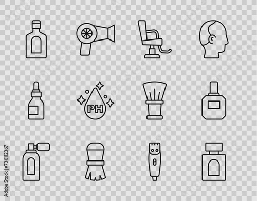Set line Aftershave with atomizer, Barbershop chair, Shaving brush, Bottle of shampoo, Oil for care treatment, Hair clipper and icon. Vector