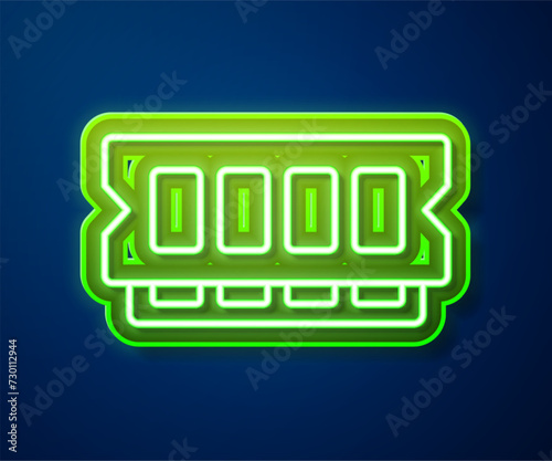 Glowing neon line RAM, random access memory icon isolated on blue background. Vector
