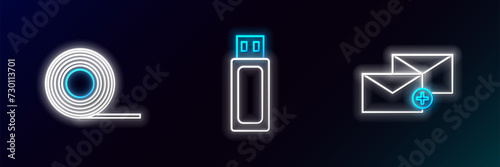 Set line Envelope, Scotch and USB flash drive icon. Glowing neon. Vector