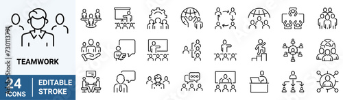 Teamwork line icons related team, co-workers, cooperation. Linear busines simple symbol collection. vector illustration. Editable stroke