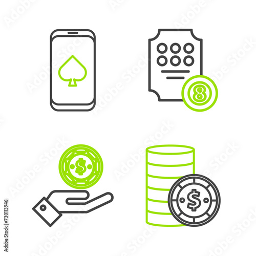 Set line Casino chip with dollar, Hand holding casino chips, Online slot machine and poker table game icon. Vector
