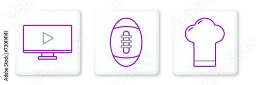 Set line Chef hat, Online play video and American Football ball icon. Vector