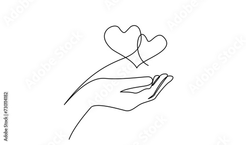 Continuous one line drawing hand holding heart. Charity donation linear symbol template 