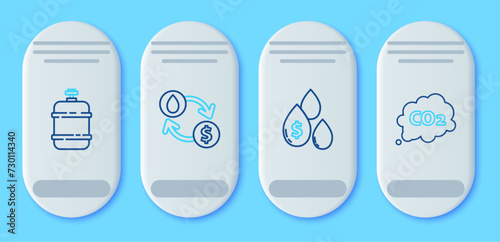 Set line Oil exchange, water transfer, convert, drop with dollar symbol, Propane gas tank and CO2 emissions in cloud icon. Vector