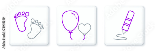 Set line Wax crayon for drawing, Baby footprints and Balloons form of heart icon. Vector