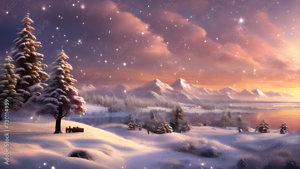 This image depicts a beautiful village covered in warm winter snow. Generative AI.