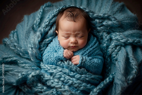 Newborn baby boy wrapped in a comfy blue sheet. Above view. Newborn photo shoot.