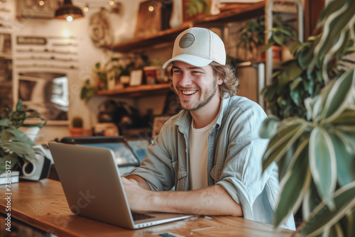 Happy Caucasian young male freelancer smiling while working in the laptop and seated in a charming place with greenery, and vintage Cafeteria interior, smiling boy wearing cap and looking at laptop photo