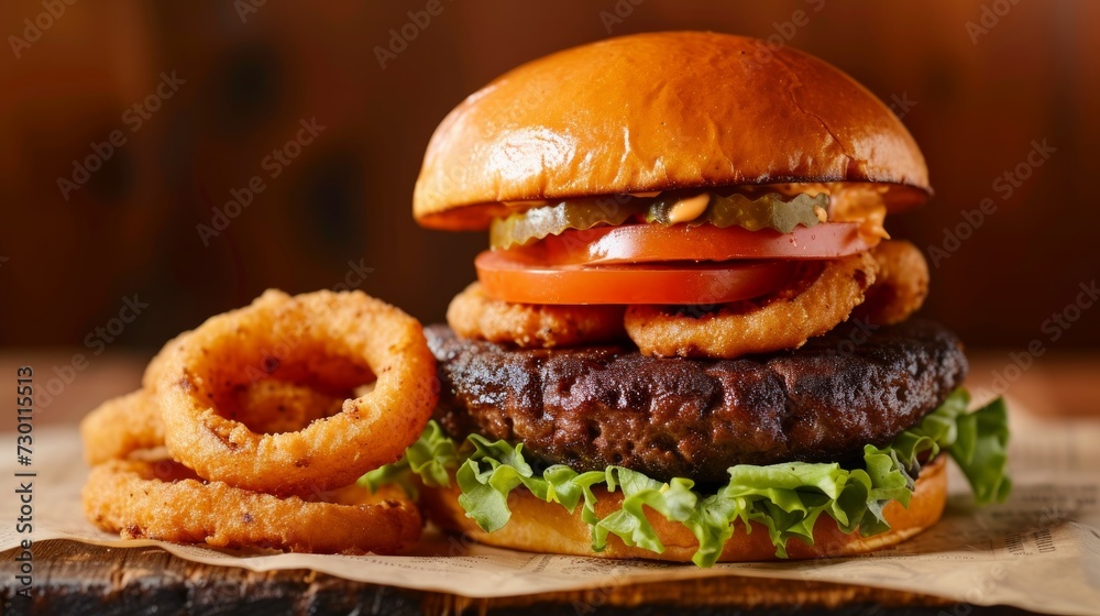 A diner-style burger with a perfectly charred patty, lettuce, tomato, and a side of golden onion rings A diner-style burger with a perfectly charred patty, lettuce, tomato, and a side of golden onion rings