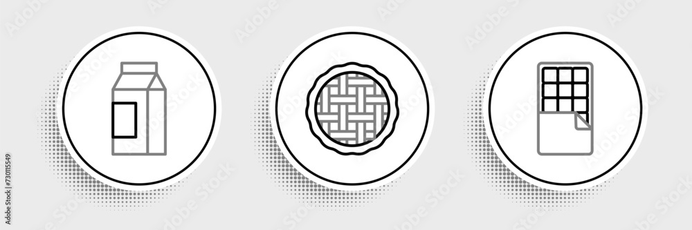 Set line Chocolate bar, Paper package for milk and Homemade pie icon. Vector Set line Chocolate bar, Paper package for milk and Homemade pie icon. Vector