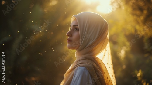 Closeup profile shoot of young attractive female silhouette in hijab looking forward being turned to the side