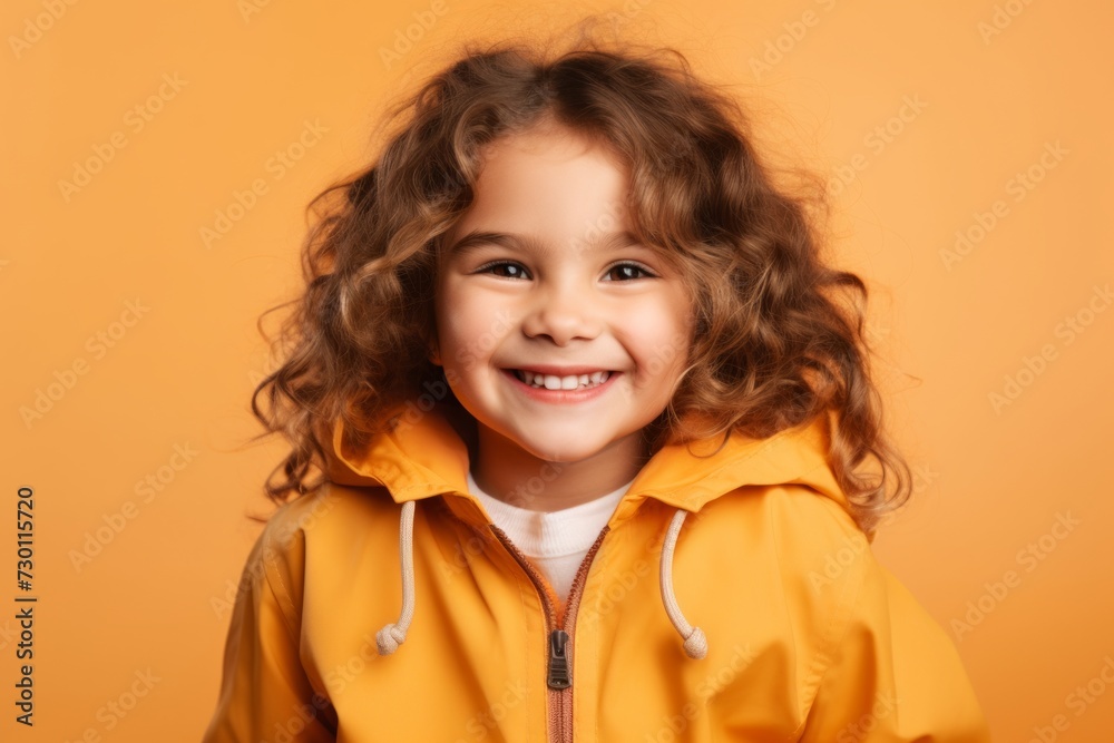 portrait of smiling little girl in yellow raincoat on orange background portrait of smiling little girl in yellow raincoat on orange background