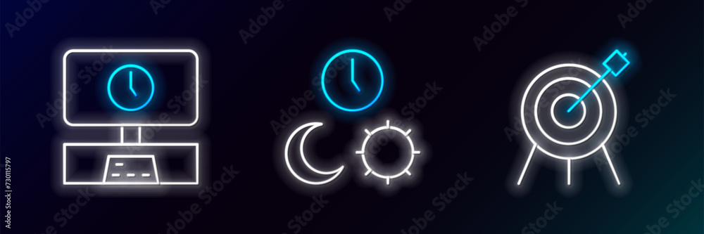 Set line Target sport, Smart Tv time and Day and night with icon. Glowing neon. Vector