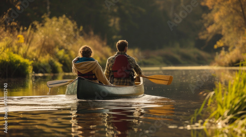 A couple in a canoe, paddling gently along a tranquil river, their reflections mirrored on the water's surface