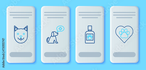 Set line Veterinary clinic symbol, Dog medicine bottle, Cat and Heart with animals footprint icon. Vector