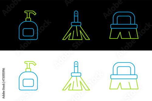Set line Brush for cleaning, Bottle of liquid soap and Handle broom icon. Vector
