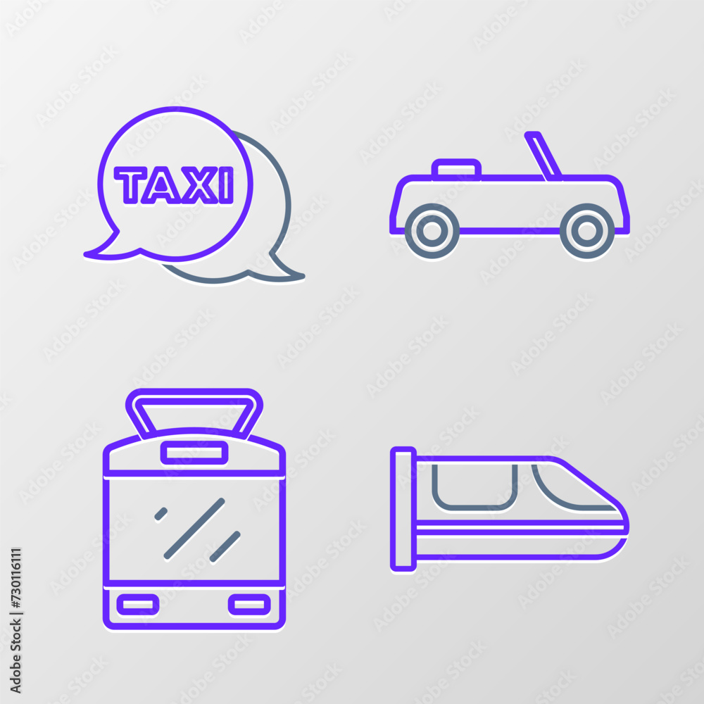 Set line High-speed train, Tram and railway, Car and Taxi call telephone service icon. Vector Set line High-speed train, Tram and railway, Car and Taxi call telephone service icon. Vector