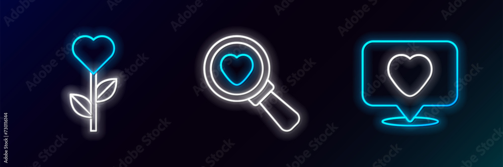Set line Like and heart, Heart shape in flower and Search love icon. Glowing neon. Vector Set line Like and heart, Heart shape in flower and Search love icon. Glowing neon. Vector