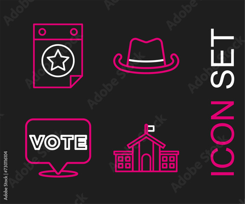 Set line United States Capitol Congress, Vote, Western cowboy hat and Calendar with date July 4 icon. Vector photo