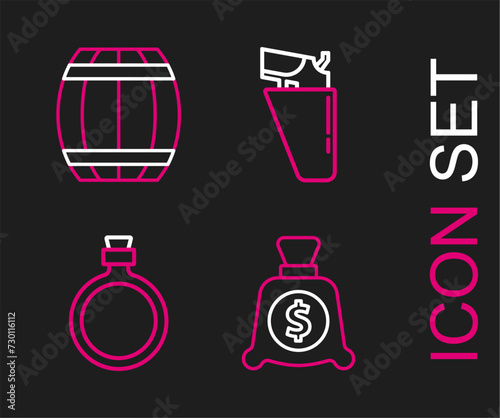 Set line Money bag, Canteen water bottle, Revolver gun in holster and Gun powder barrel icon. Vector