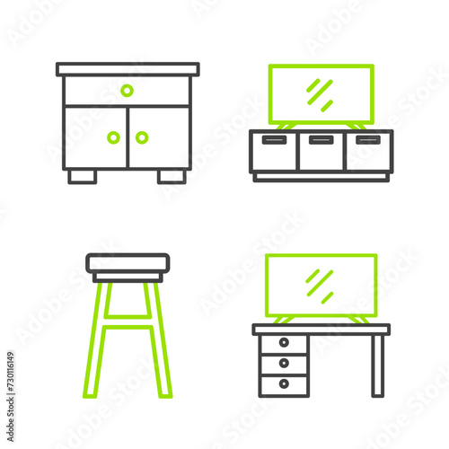 Set line TV table stand, Chair, and Furniture nightstand icon. Vector
