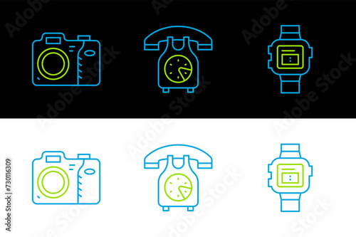 Set line Wrist watch, Photo camera and Telephone handset icon. Vector