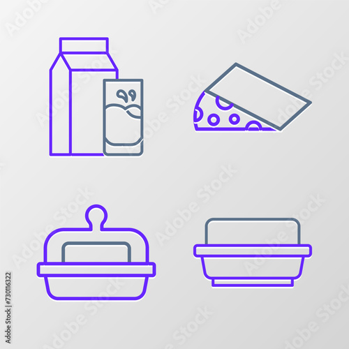 Set line Butter in a butter dish, Cheese and Paper package for kefir icon. Vector