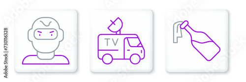 Set line Cocktail molotov, Thief mask and TV News car icon. Vector