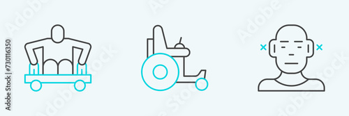 Set line Deaf, Man without legs sitting wheelchair and Electric icon. Vector