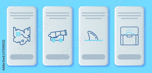 Set line Cannon, Shark fin in ocean wave, Pirate treasure map and Antique chest icon. Vector