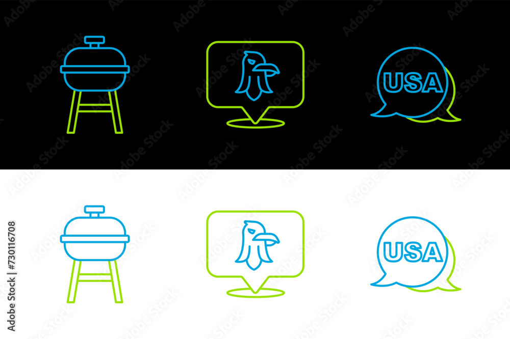Set line USA Independence day, Barbecue grill and Eagle icon. Vector Set line USA Independence day, Barbecue grill and Eagle icon. Vector