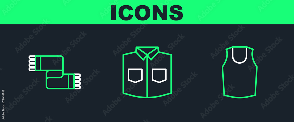 Set line Undershirt, Winter scarf and Shirt icon. Vector