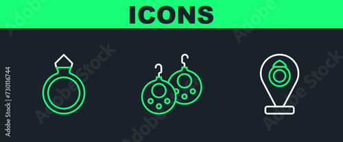 Set line Jewelry store, Diamond engagement ring and Earrings icon. Vector