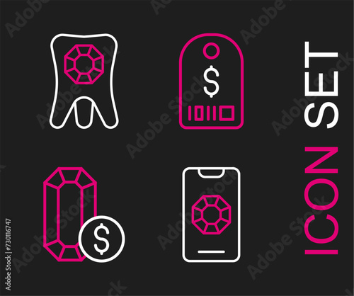 Set line Jewelry online shopping, Price tag with dollar and Tooth diamond icon. Vector