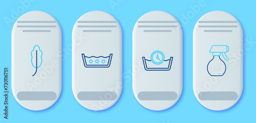 Set line Temperature wash, Time, Feather and Water spray bottle icon. Vector