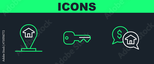 Set line Price negotiation, Location house and House key icon. Vector