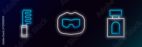 Set line Aftershave, Hairbrush and Mustache and beard icon. Glowing neon. Vector