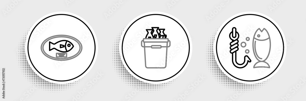 Set line Fishing, trophy hanging on the board and bucket with fishes icon. Vector Set line Fishing, trophy hanging on the board and bucket with fishes icon. Vector
