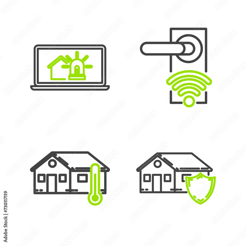 Set line House under protection, temperature, Digital door lock with wireless technology for unlock and Laptop smart house and alarm icon. Vector Set line House under protection, temperature, Digital door lock with wireless technology for unlock and Laptop smart house and alarm icon. Vector