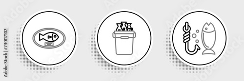 Set line Fishing, trophy hanging on the board and bucket with fishes icon. Vector