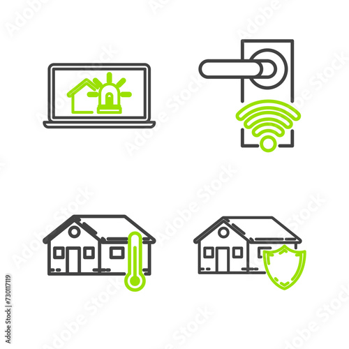 Set line House under protection, temperature, Digital door lock with wireless technology for unlock and Laptop smart house and alarm icon. Vector